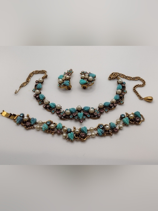 Florenza Jewelry - RARE Vintage 1950s Gold Plated Necklace, Bracelet & Clip Earring Set - Florenza